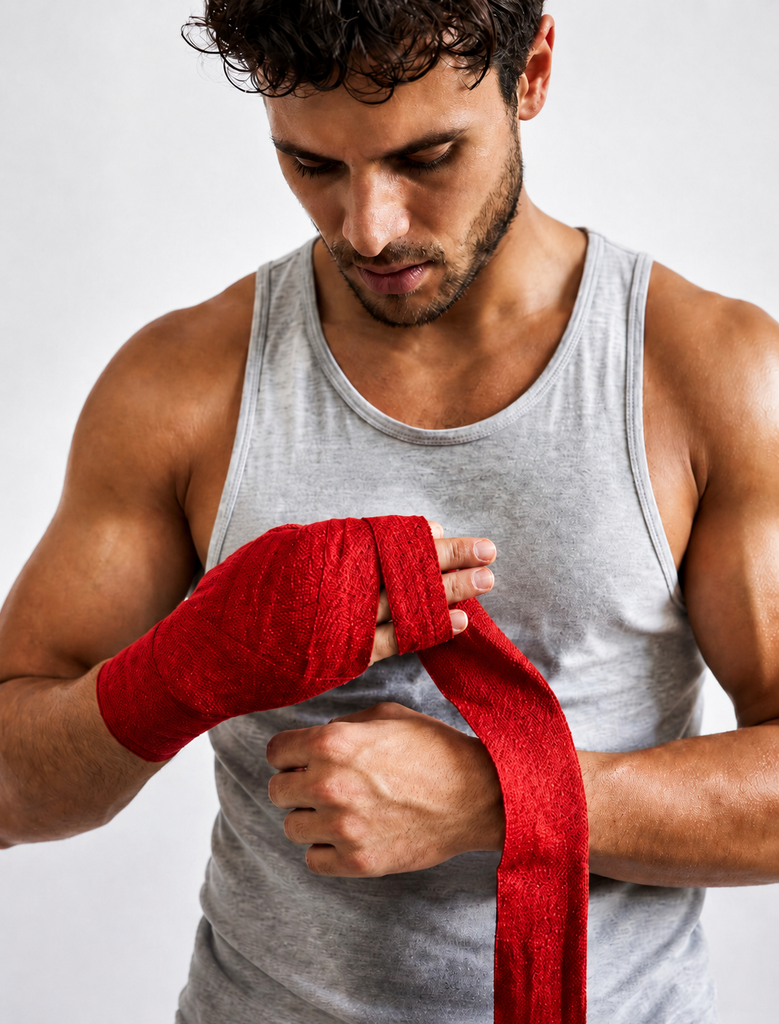 Boxer wrapping hands with red hand wraps before training